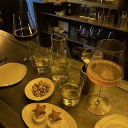 Deviled eggs, wine, almonds Deviled eggs, wine, almonds