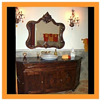 Serena Interiors - Very personalized guest bath. Custom solid wood w granite top and tumble stone sink basin vanity. - Interior Design Near Me - Los Angeles, California Serena Interiors - Very personalized guest bath. Custom solid wood w granite top and tumble stone sink basin vanity. - Interior Design Near Me - Los Angeles, California