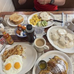 French toast special that comes with eggs and hashbrowns, my husband ordered chicken fried steak and we split up the biscuits and gravy. French toast special that comes with eggs and hashbrowns, my husband ordered chicken fried steak and we split up the biscuits and gravy.