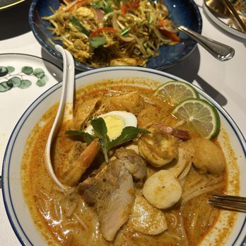 Southeast Impression - Curry Laksa (near) and Singaporean noodles (far) - Thai Near Me - Fairfax, Virginia