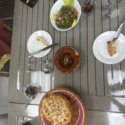 Bread, Muhammad'a, tabbouleh, Turkish tea Bread, Muhammad'a, tabbouleh, Turkish tea