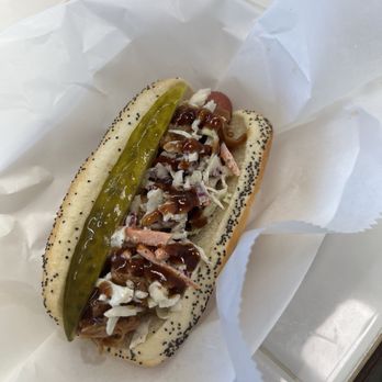 Relly’s Hot Dog Station - Charlie Dog, (pulled pork, slaw, bbq sauce) with or without pickle! - Hot Dogs Near Me - Cocoa, Florida Relly’s Hot Dog Station - Charlie Dog, (pulled pork, slaw, bbq sauce) with or without pickle! - Hot Dogs Near Me - Cocoa, Florida