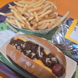 Chili cheese dog, regular fries and cheeseburger. Chili cheese dog, regular fries and cheeseburger.