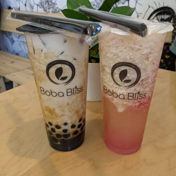 Boba Bliss - Left: brown sugar pearl latte Right: watermelon lychee - Bubble Tea Near Me - Dublin, California