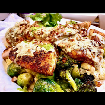 Two Skillets - Brined Chicken thighs, Cilantro cream, Brussels sprouts - Caterers Near Me Two Skillets - Brined Chicken thighs, Cilantro cream, Brussels sprouts - Caterers Near Me