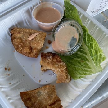 El Toro Loco - Empanadas, four miniature pieces with thousand island dressing (?). Never heard of thousand island dressing with empanadas?! - Mexican Near Me - Pacifica, California