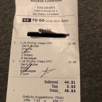 Rockin Crawfish - Receipt - Cajun/Creole Near Me - San Pablo, California