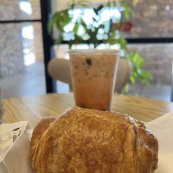 Sunrise Donuts - Ham and Cheese Croissant Roll and Thai Tea
