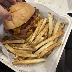 Button's Burgers and Beyond - Rodeo burger and delicious fries