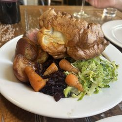 The Draper's Arms - Sunday Roast. Roast, carrots and cabbage, potatoes and Yorkshire pudding.