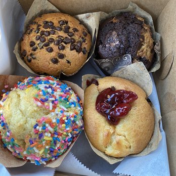 Fairfax Bakery - Muffins clockwise: chocolate cheesecake, cherry cheesecake, sprinkle, chocolate chip - Bakeries Near Me - Fairfax, Virginia