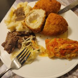 Beef stroganoff, chicken kiev, cabbage. All Good! Beef stroganoff, chicken kiev, cabbage. All Good!