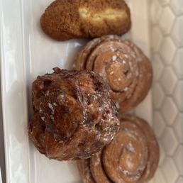 Plain jane, cinnamon rolls, and apple fritter Plain jane, cinnamon rolls, and apple fritter
