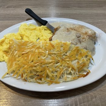 Antique Row Cafe - Scrambled eggs, hash browns, and country fried steak, in case the photo didn't give it away. - American Near Me - San Diego, California Antique Row Cafe - Scrambled eggs, hash browns, and country fried steak, in case the photo didn't give it away. - American Near Me - San Diego, California