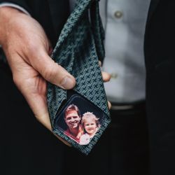 MountainWed Photography - Cherished family memory stitched onto back of father of bride's tie