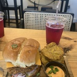 Vegan On The Island - Fish sandwich, tostones & dragon, fruit drink.