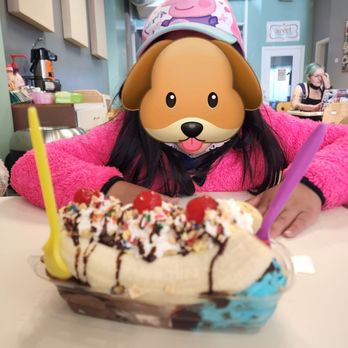 Sweet Connections - Banana split with chocolate, vanilla, and cookie monster (beware it turns your mouth blue but it's delicious!) Not bad for $9 - Ice Cream & Frozen Yogurt Near Me - San Bruno, California Sweet Connections - Banana split with chocolate, vanilla, and cookie monster (beware it turns your mouth blue but it's delicious!) Not bad for $9 - Ice Cream & Frozen Yogurt Near Me - San Bruno, California