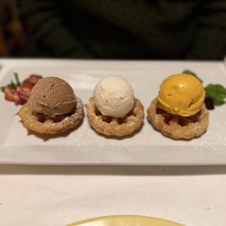 Zacatlán Restaurant - Ice cream trio - chocolate, coconut and mango.