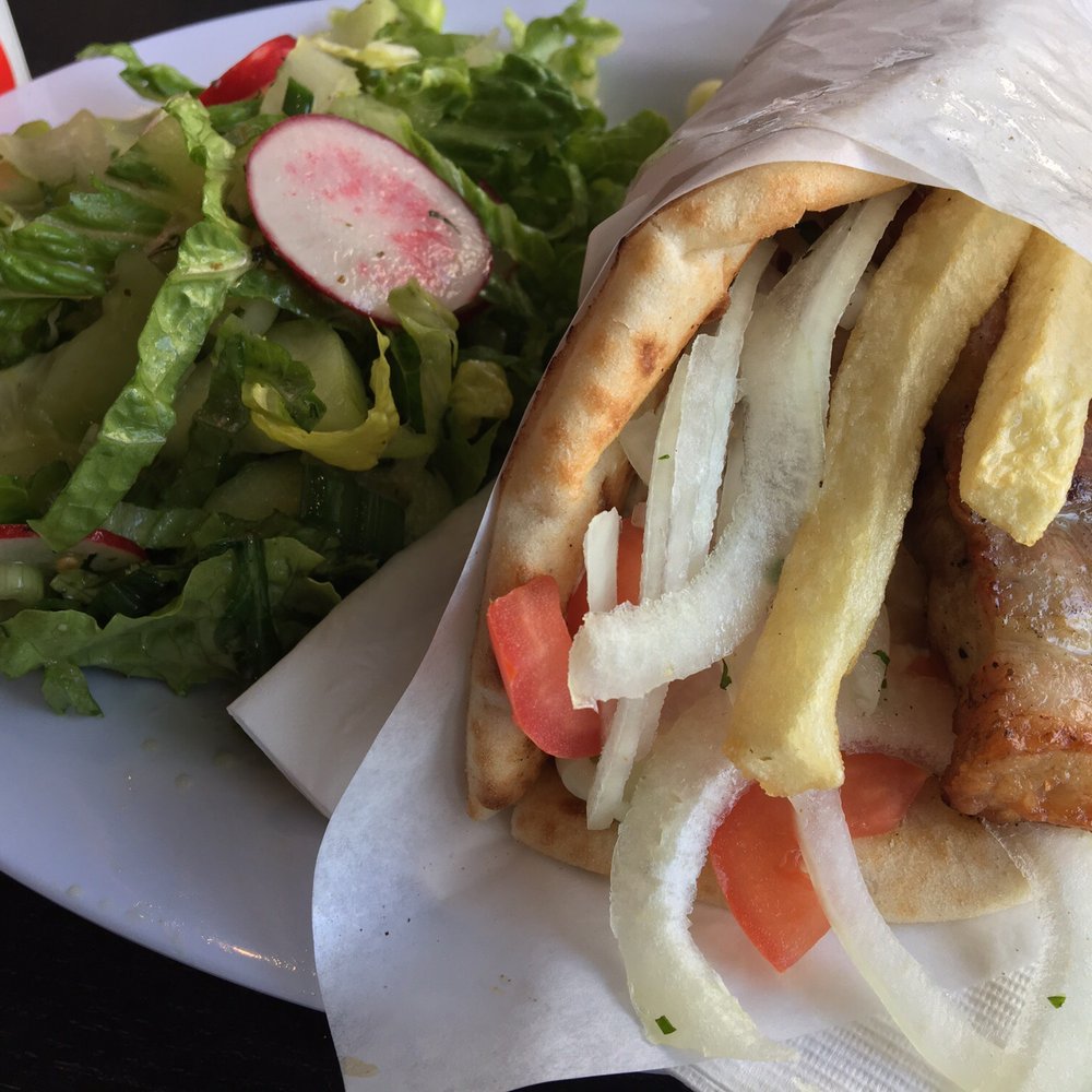 El Greco Grill - Pork souvlaki pita -meat chewy and fatty - Greek Near Me - Campbell, California El Greco Grill - Pork souvlaki pita -meat chewy and fatty - Greek Near Me - Campbell, California