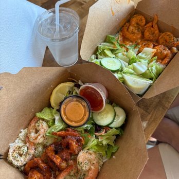 Coco Shrimp - Bryan Ave - (Bottom) Sampler with coco shrimp, lemon herb, garlic butter. Creamy ginger salad dressing (Top) Spicy shrimp with poppyseed dressing - Hawaiian Near Me - Fort Worth, Texas