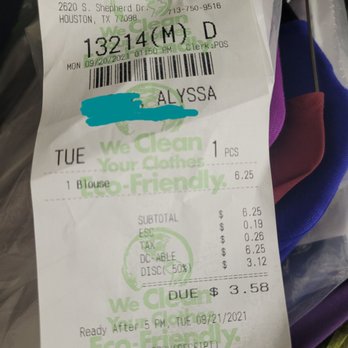 Prism Cleaners - My receipt. 50% off with the coupon from the back of my HEB receipt. - Dry Cleaning Near Me - Houston, Texas