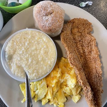 Thumbs Up Diner - Fried Basa Catfish Fillet Fried Fish and Grits Breakfast w/ a side of cheese eggs - Breakfast & Brunch Near Me - Atlanta, Georgia