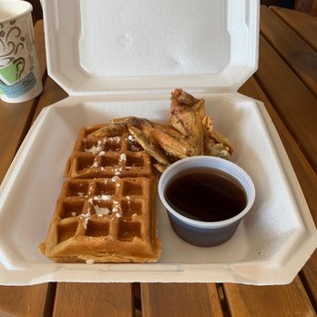 Goat Haus Biergarten - This is what a $12 chicken and waffles looks like, and a $5 irish coffee in a to go cup. - Breakfast & Brunch Near Me - Montgomery, Alabama Goat Haus Biergarten - This is what a $12 chicken and waffles looks like, and a $5 irish coffee in a to go cup. - Breakfast & Brunch Near Me - Montgomery, Alabama