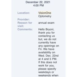 Vision One Optometry Eye Care - Confirmation of reservation on the date and time I came in.