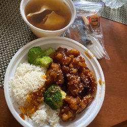 China One - Lunch sesame chicken with white rice & 21. Wonton Soup
