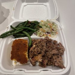 Tex-a-lina BBQ Company - Pulled pork platter with green beans, cornbread and coleslaw.