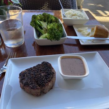 Guerra Steakhouse - 6 Oz. Filet Mignon with wine sauce on the size. Steamed broccoli and mashed potato. - Steakhouses Near Me - Arlington, Virginia Guerra Steakhouse - 6 Oz. Filet Mignon with wine sauce on the size. Steamed broccoli and mashed potato. - Steakhouses Near Me - Arlington, Virginia