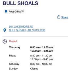 Bull Shoals Post Office - Hours of operation