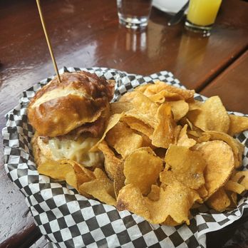 Brunson's Pub - Rueben burger with house made chips - Burgers Near Me - Saint Paul, Minnesota Brunson's Pub - Rueben burger with house made chips - Burgers Near Me - Saint Paul, Minnesota
