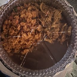 Yellow rice, shredded chicken and refried beans Yellow rice, shredded chicken and refried beans