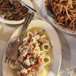 Seafood salad, baked clams, calamari
