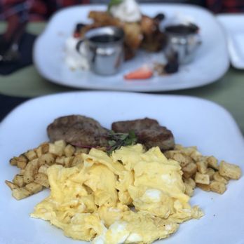 The Olive Restobar - Steak and eggs. Steak was medium well, scrambled eggs and potatoes - Mediterranean Near Me - Downey, California The Olive Restobar - Steak and eggs. Steak was medium well, scrambled eggs and potatoes - Mediterranean Near Me - Downey, California