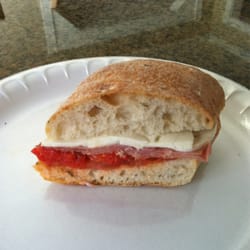 Not very happy with this pathetic sandwich. Supposed to be a #12 Roma-prosciutto, fresh mozzarella, sundried tomatoes on a bagel