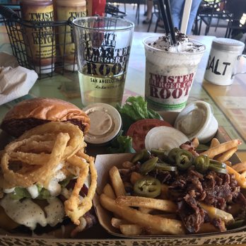 Twisted Root Burger - Big Tex Burger add Bacon, Treat yo-self Fries, and an awesome Orea Shake - Burgers Near Me - San Angelo, Texas Twisted Root Burger - Big Tex Burger add Bacon, Treat yo-self Fries, and an awesome Orea Shake - Burgers Near Me - San Angelo, Texas