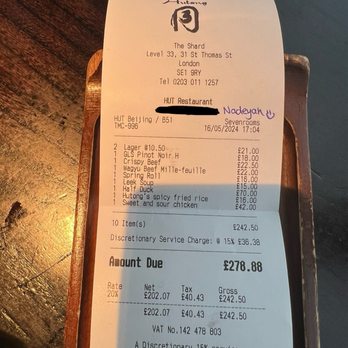 Hutong - Dinner Bill - Chinese Near Me - London, XGL