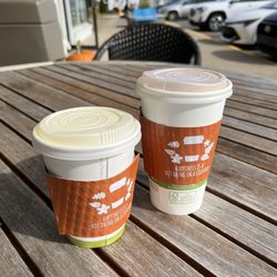 Brew Ha Ha - Small golden chai and medium caramel apple cider