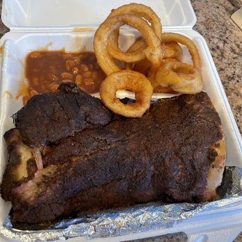 Jimbos Brickhouse Barbeque - Half Rack of Ribs. Beans. Onion Rings.  Freaking solid BBQ - Barbeque Near Me - Byhalia, Mississippi