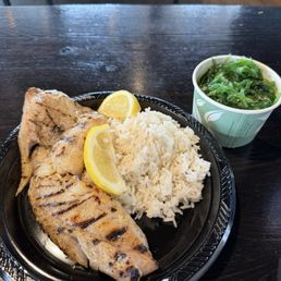 Fish plate (snapper with garlic butter, rice, and seaweed salad) Fish plate (snapper with garlic butter, rice, and seaweed salad)