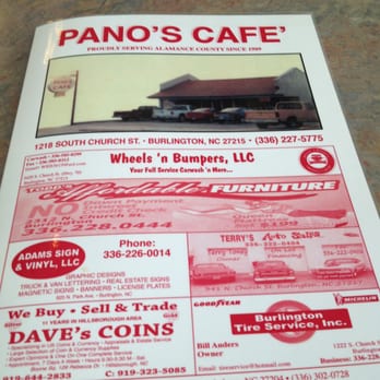 Pano's Cafe - Front of the colorful menu - front and back covered with local advertising - always cool. - Breakfast & Brunch Near Me - Burlington, North Carolina Pano's Cafe - Front of the colorful menu - front and back covered with local advertising - always cool. - Breakfast & Brunch Near Me - Burlington, North Carolina