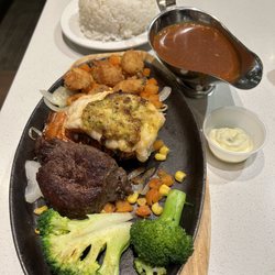 Copa Cafe - Sizzling plate combo (filet mignon, deep fried oysters, lobster tail) with rice