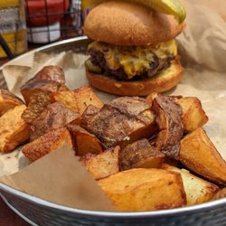 Gibbs Butcher And Brews - Cheeseburger and fries (potato wedges, actually)
