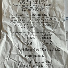 for 10 subs made incorrectly  $175.62