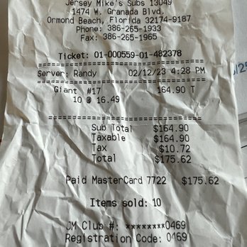 Jersey Mike's Subs - for 10 subs made incorrectly  $175.62 - Sandwiches Near Me - Ormond Beach, Florida