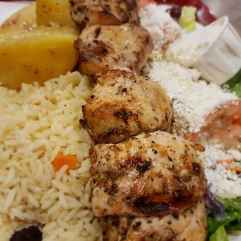 Zet's Restaurant - Chicken Souvlaki dinner with rice, roasted potatoes, salad and home made tatziki sauce. From Zets - Diners Near Me - Mississauga, Ontario
