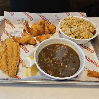 Crawfish Cafe - Sissy had catfish/shrimp platter with side of Cajun fried rice and gumbo. - Seafood Near Me - Cypress, Texas Crawfish Cafe - Sissy had catfish/shrimp platter with side of Cajun fried rice and gumbo. - Seafood Near Me - Cypress, Texas