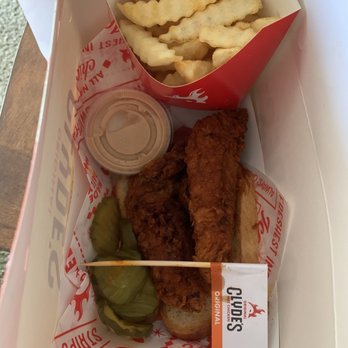 Clyde's Hot Chicken - The meal came with 2 strips, fries, pickles, bread, and a drink. Their chicken is antibiotic and hormone free! - Chicken Shop Near Me - Montclair, California